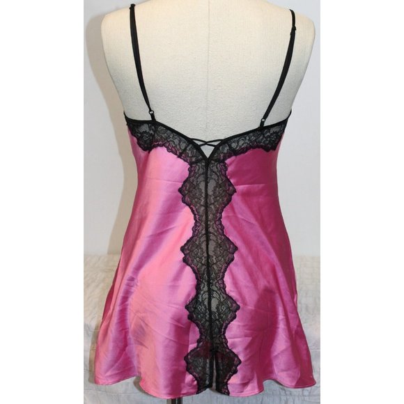 Victoria's Secret Pink Satin Black Lace Chemise Negligee sz S Lingerie Slit - Picture 3 of 6